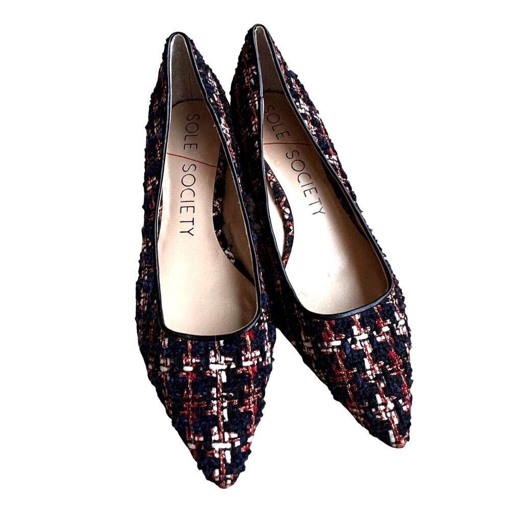Sole Society pumps US 8.5M shoes in navy blue cream gold & coral plaid